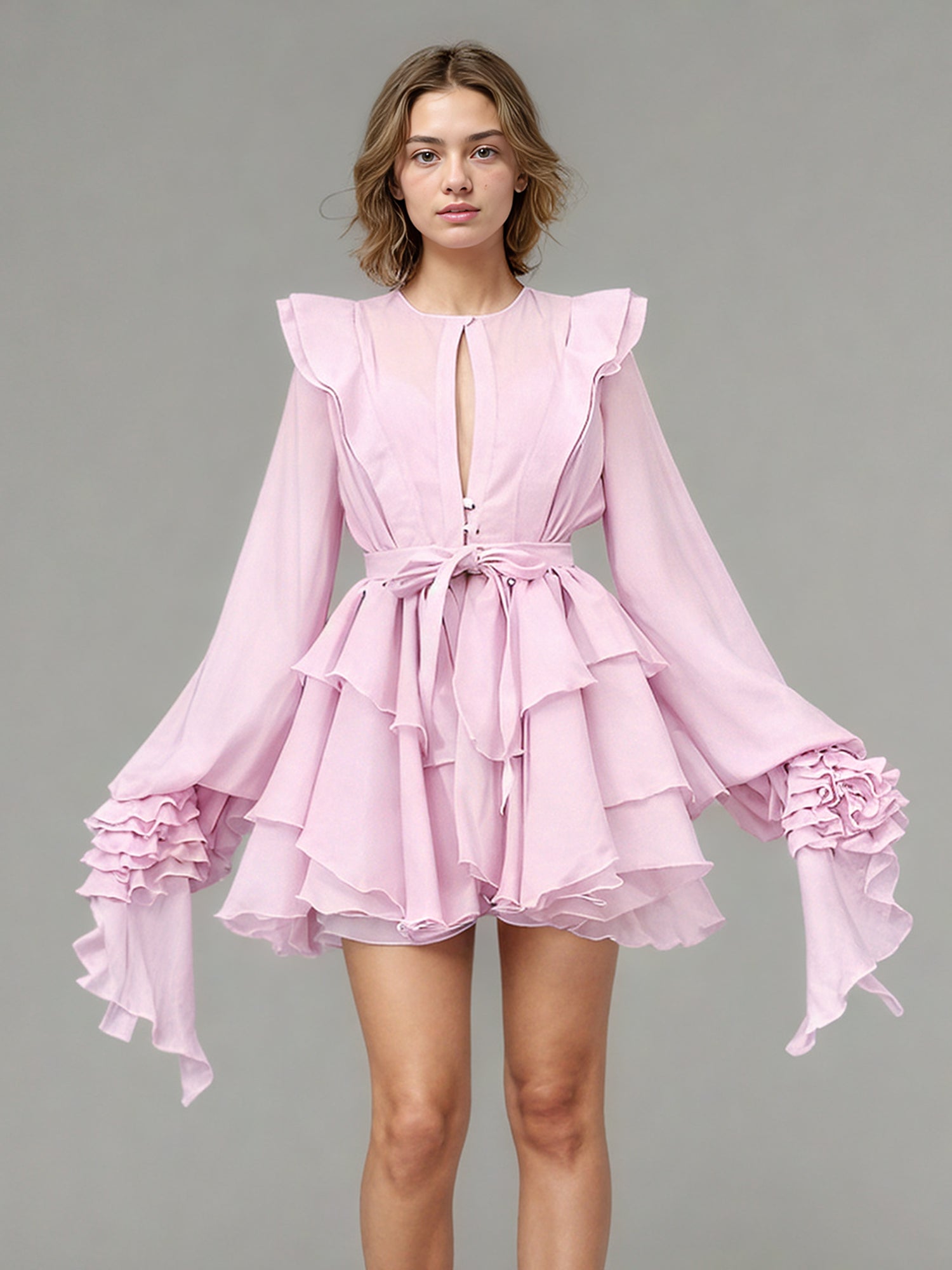 Romantic Pink Ruffled Tiered Mini Dress with Belt - SISPELL