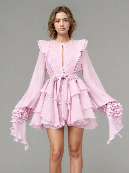 Romantic Pink Ruffled Tiered Mini Dress with Belt - SISPELL