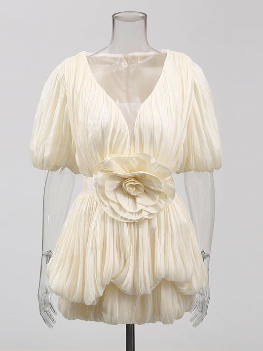 Ruched V - neck Solid Short Dress - SISPELL