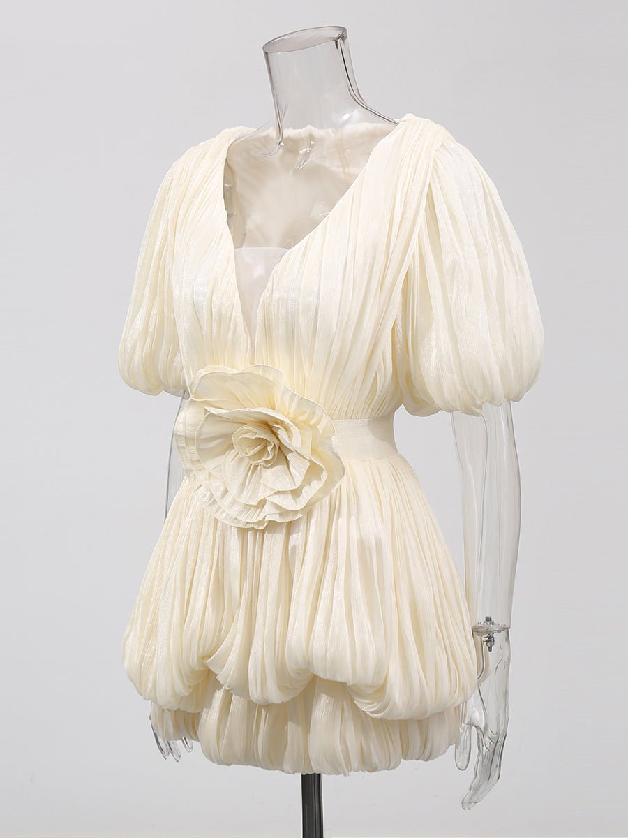 Ruched V - neck Solid Short Dress - SISPELL