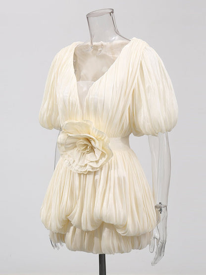 Ruched V - neck Solid Short Dress - SISPELL