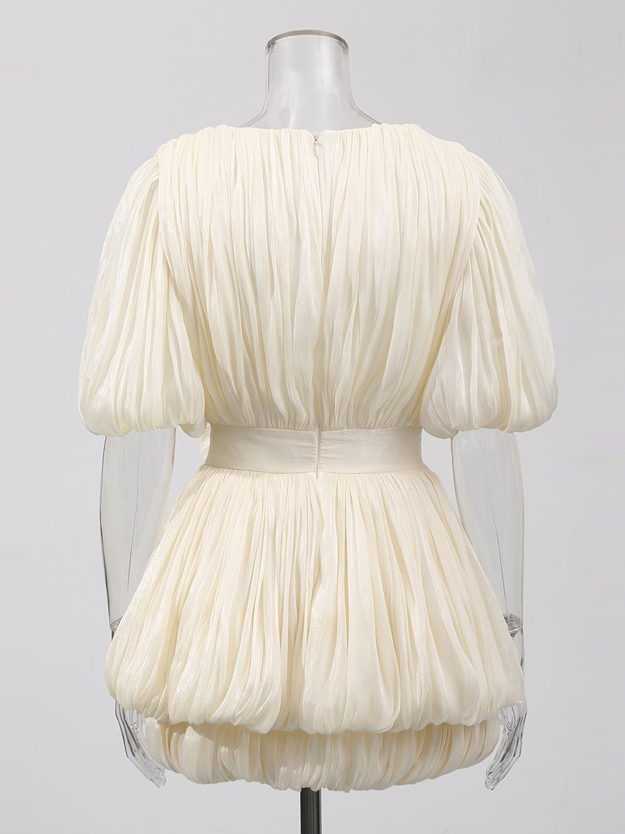 Ruched V - neck Solid Short Dress - SISPELL