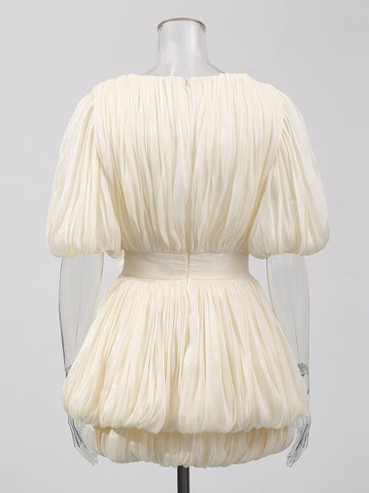 Ruched V - neck Solid Short Dress - SISPELL