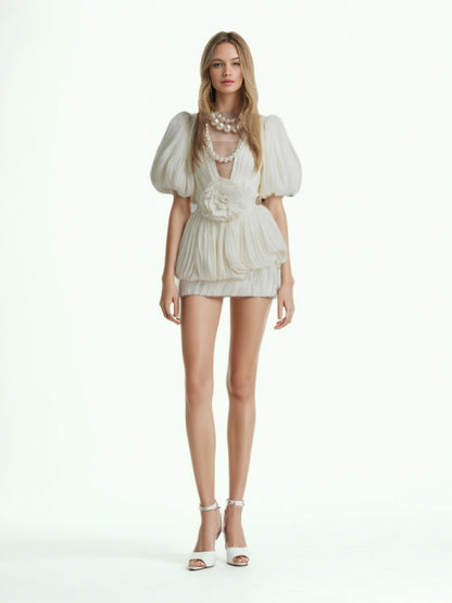 Ruched V - neck Solid Short Dress - SISPELL