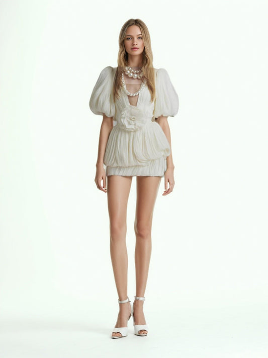 Ruched V - neck Solid Short Dress - SISPELL