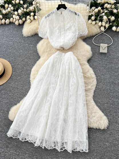 Solid Embroidery Lace Long Dress - SISPELL