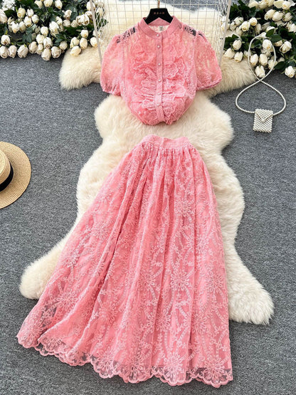 Solid Embroidery Lace Long Dress - SISPELL