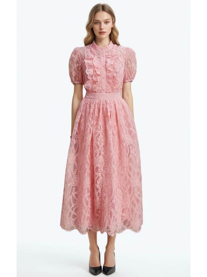 Solid Embroidery Lace Long Dress - SISPELL