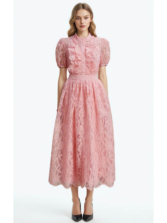 Solid Embroidery Lace Long Dress - SISPELL