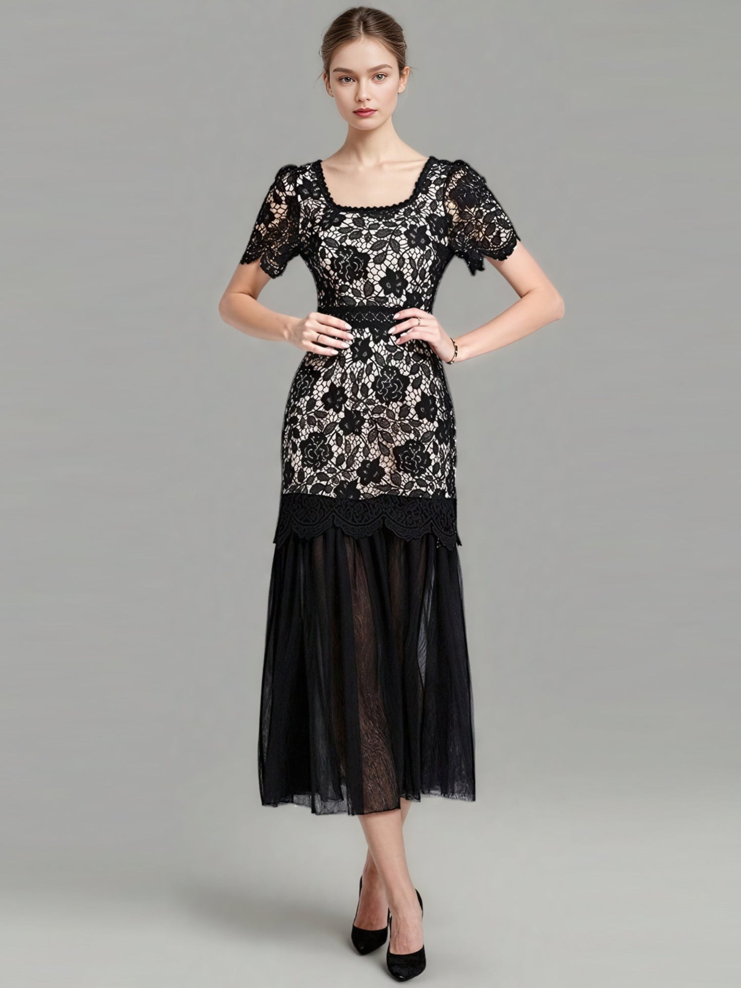 Solid Patchwork Lace Mesh Long Dress - SISPELL
