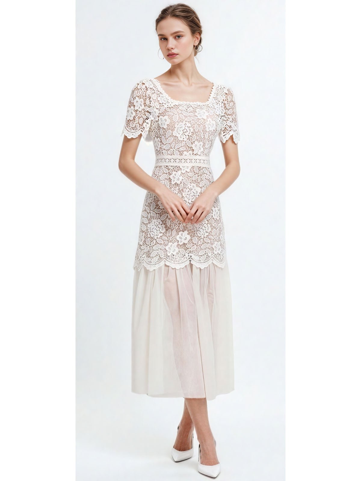 Solid Patchwork Lace Mesh Long Dress - SISPELL