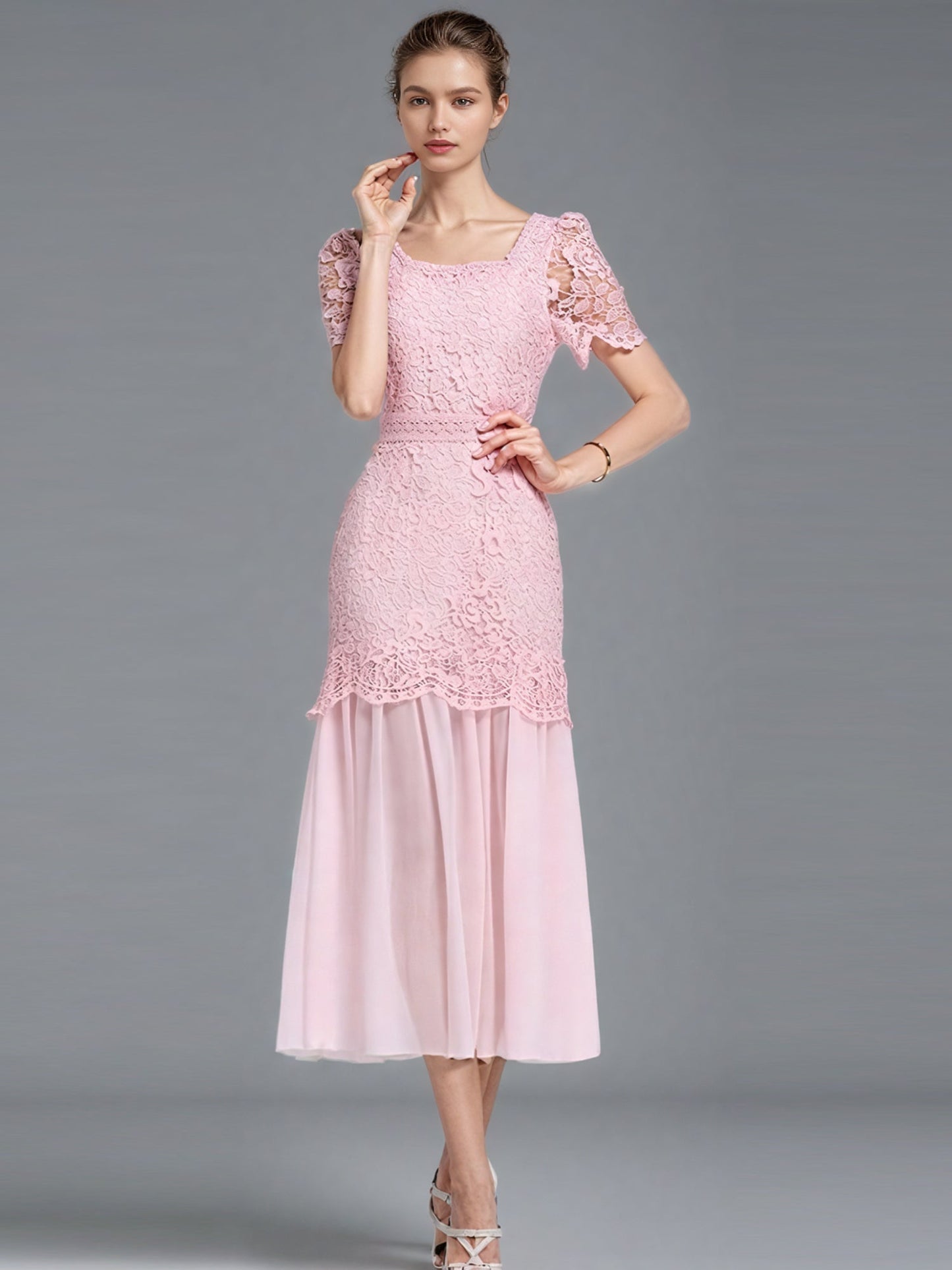 Solid Patchwork Lace Mesh Long Dress - SISPELL