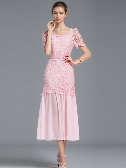 Solid Patchwork Lace Mesh Long Dress - SISPELL