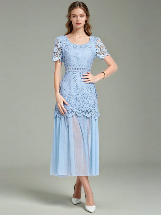 Solid Patchwork Lace Mesh Long Dress - SISPELL