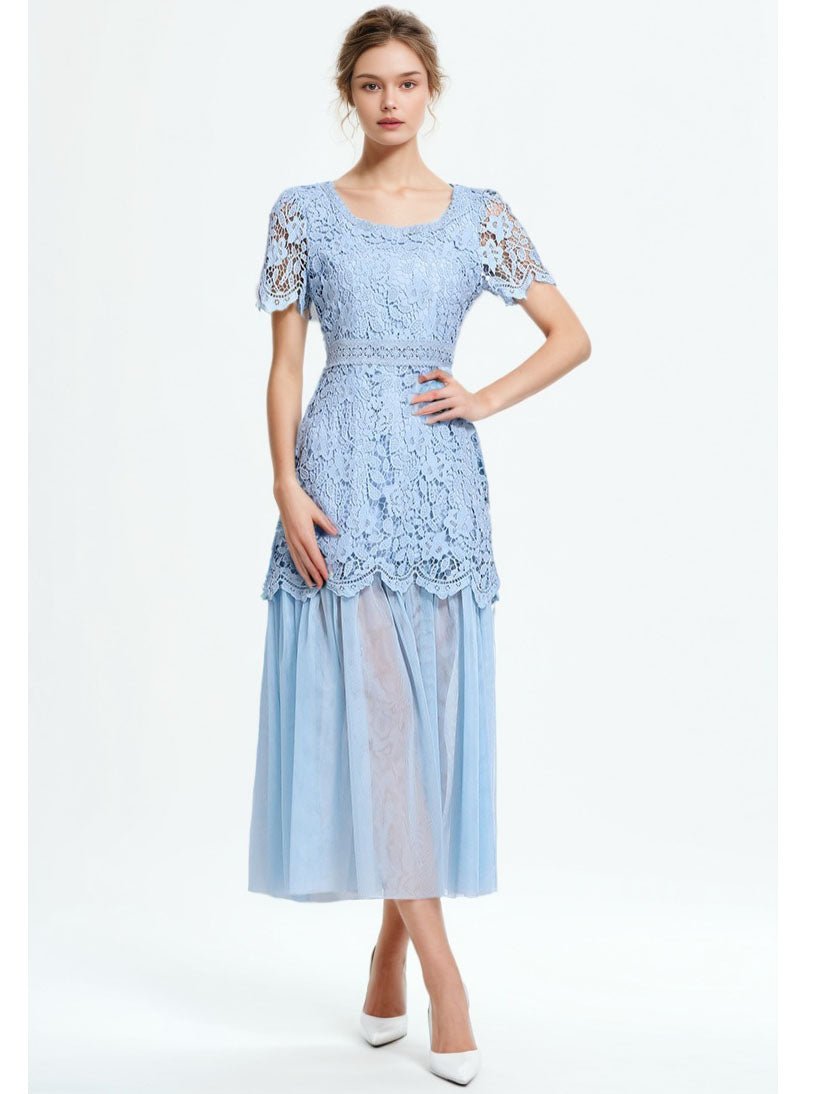 Solid Patchwork Lace Mesh Long Dress - SISPELL