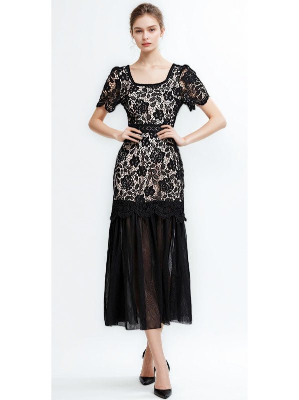 Solid Patchwork Lace Mesh Long Dress - SISPELL
