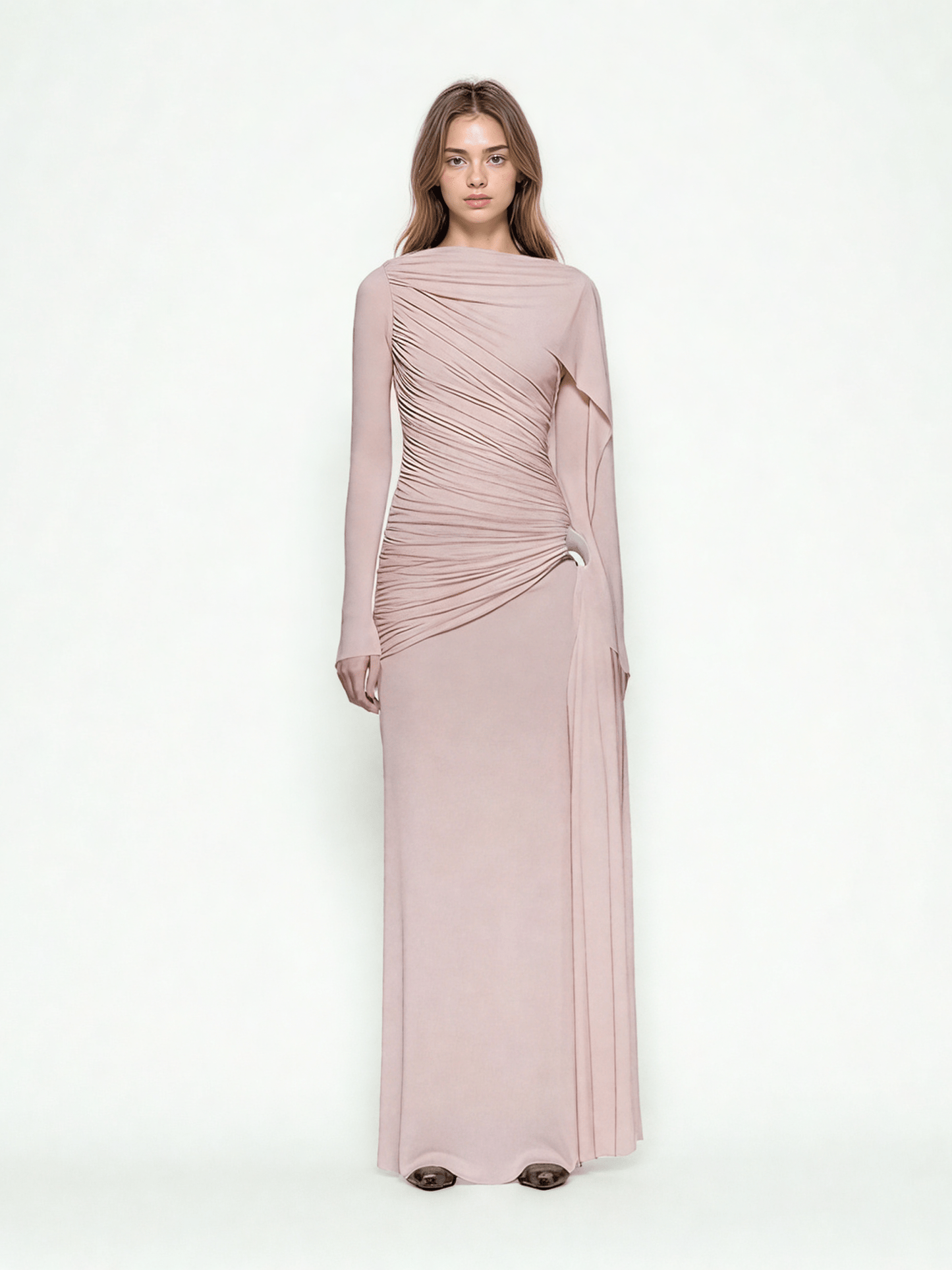 Solid Ruched Long Sleeves Long Dress - SISPELL