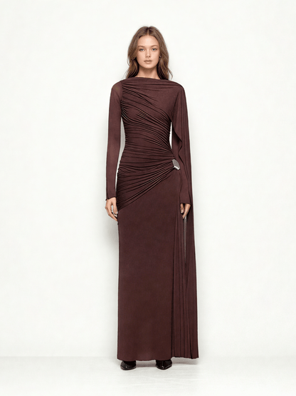 Solid Ruched Long Sleeves Long Dress - SISPELL