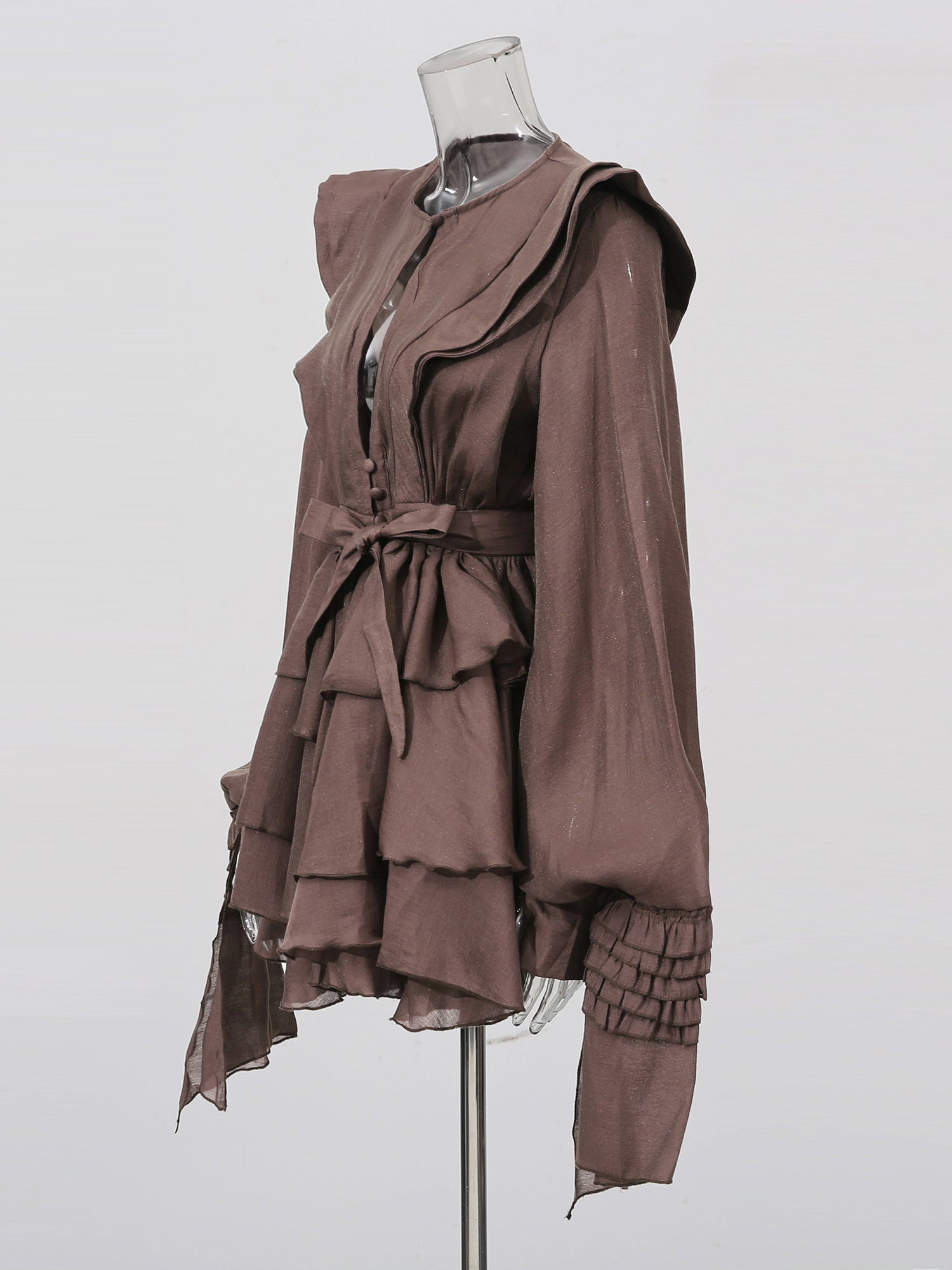 Sophisticated Coffee - Colored Ruffled Tiered Mini Dress with Belt - SISPELL