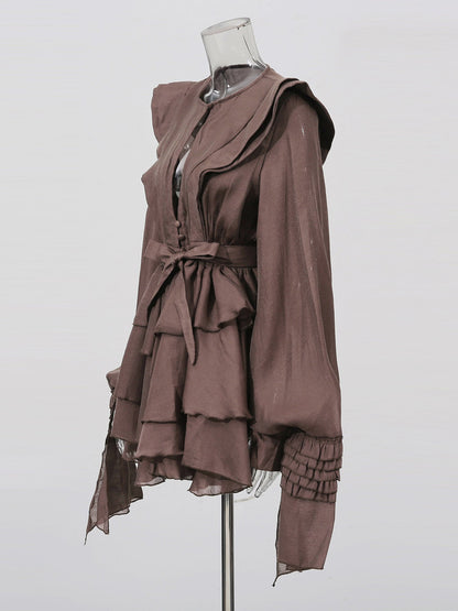 Sophisticated Coffee - Colored Ruffled Tiered Mini Dress with Belt - SISPELL