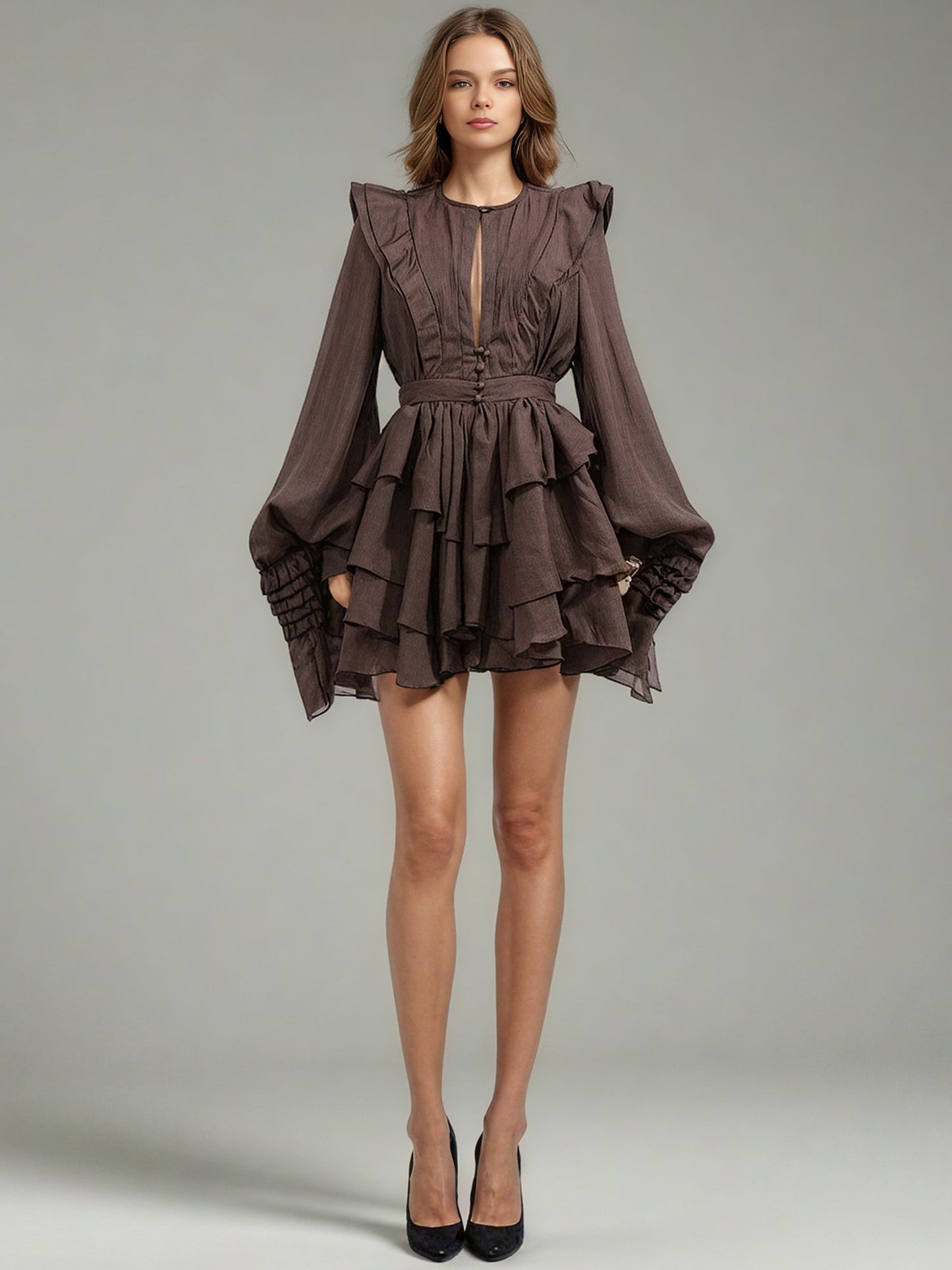 Sophisticated Coffee - Colored Ruffled Tiered Mini Dress with Belt - SISPELL