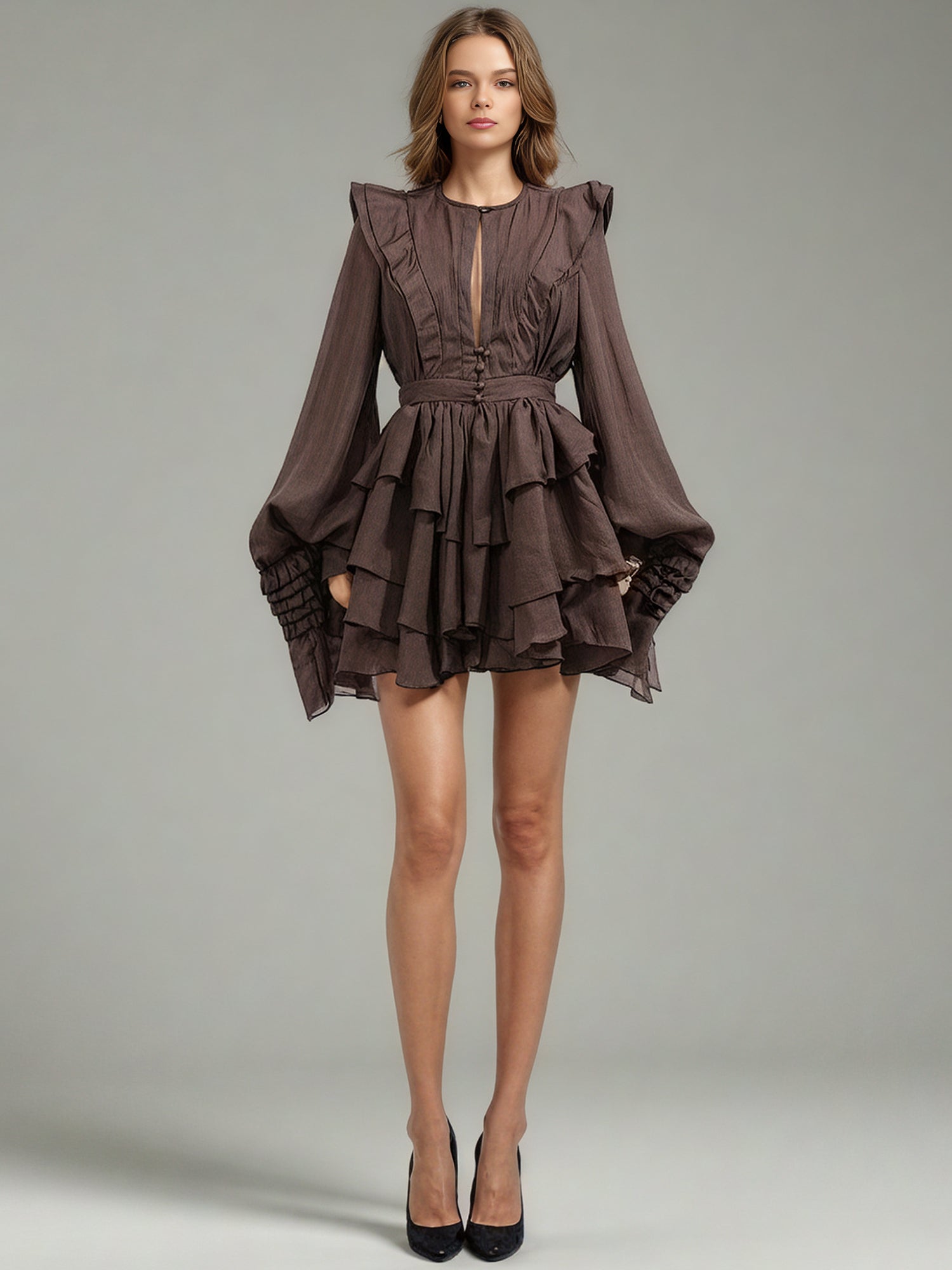 Sophisticated Coffee - Colored Ruffled Tiered Mini Dress with Belt - SISPELL