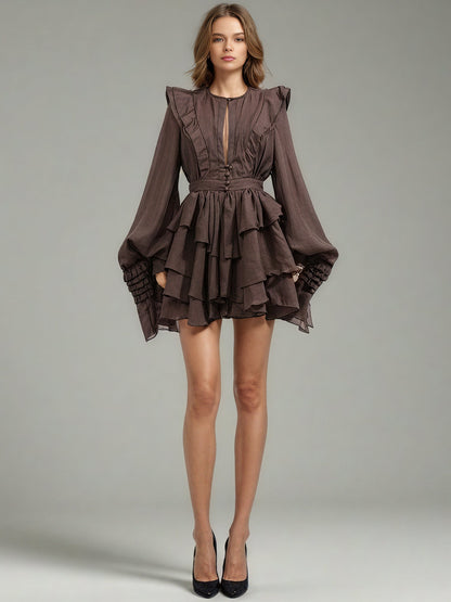 Sophisticated Coffee - Colored Ruffled Tiered Mini Dress with Belt - SISPELL