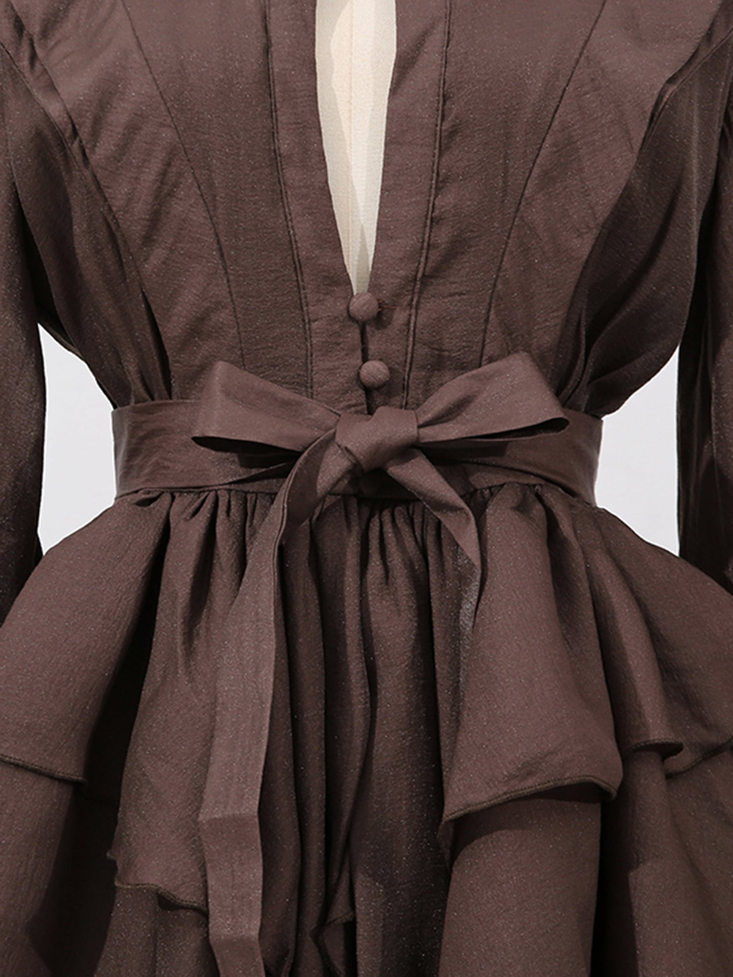 Sophisticated Coffee - Colored Ruffled Tiered Mini Dress with Belt - SISPELL