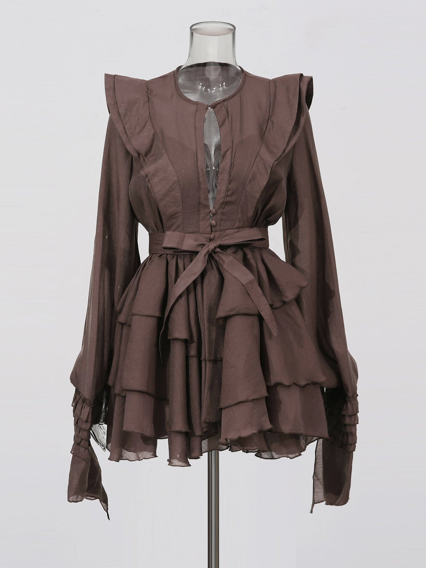 Sophisticated Coffee - Colored Ruffled Tiered Mini Dress with Belt - SISPELL