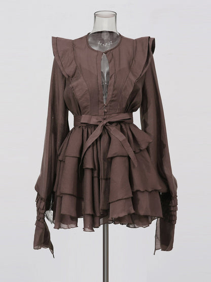 Sophisticated Coffee - Colored Ruffled Tiered Mini Dress with Belt - SISPELL