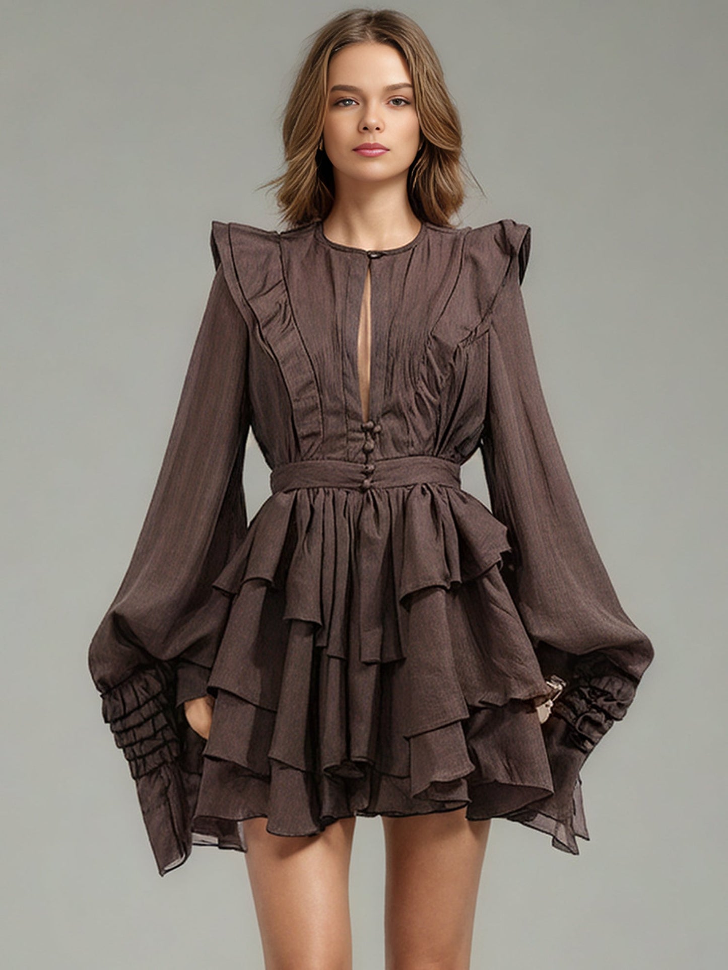Sophisticated Coffee - Colored Ruffled Tiered Mini Dress with Belt - SISPELL