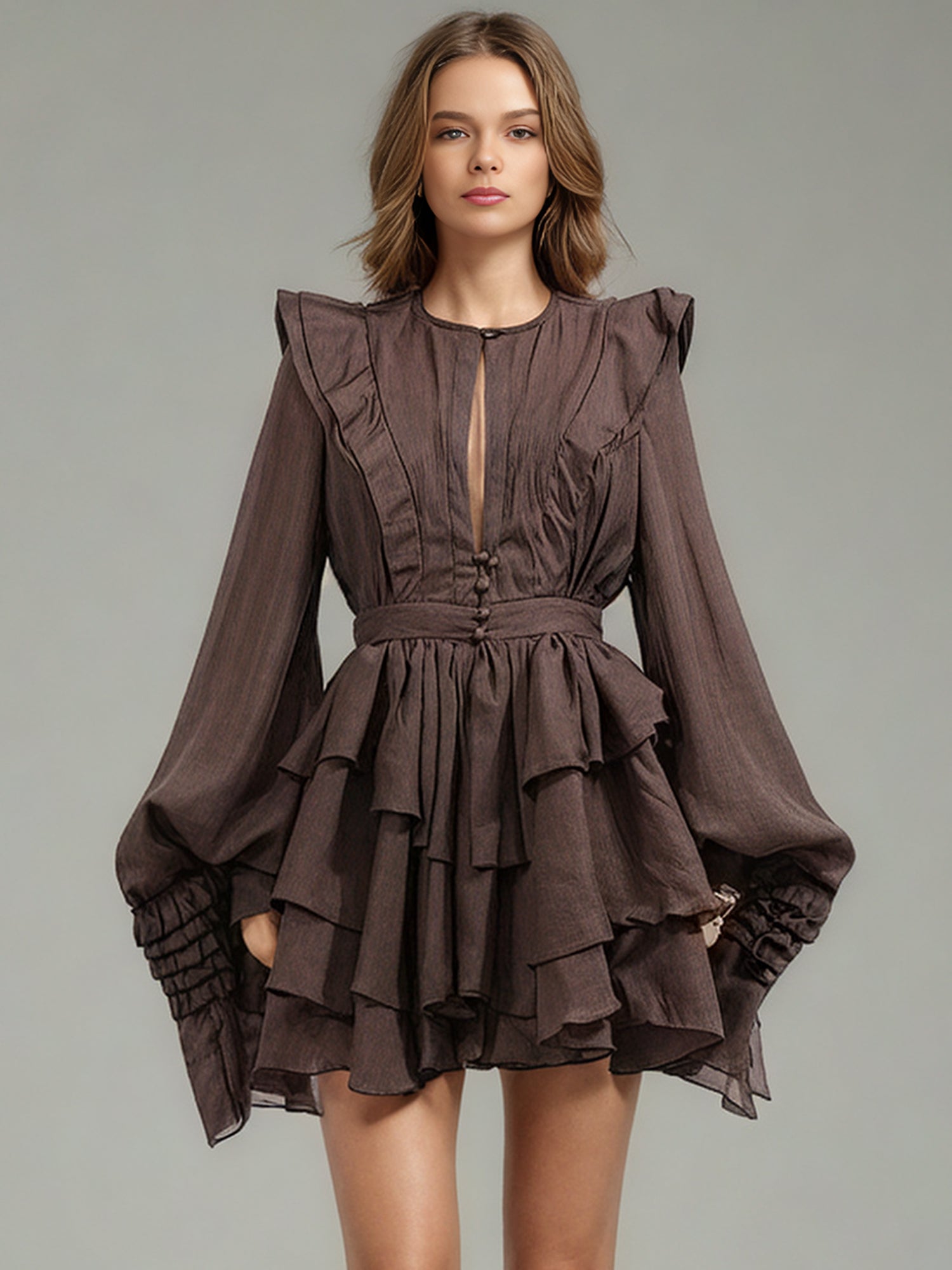 Sophisticated Coffee - Colored Ruffled Tiered Mini Dress with Belt - SISPELL