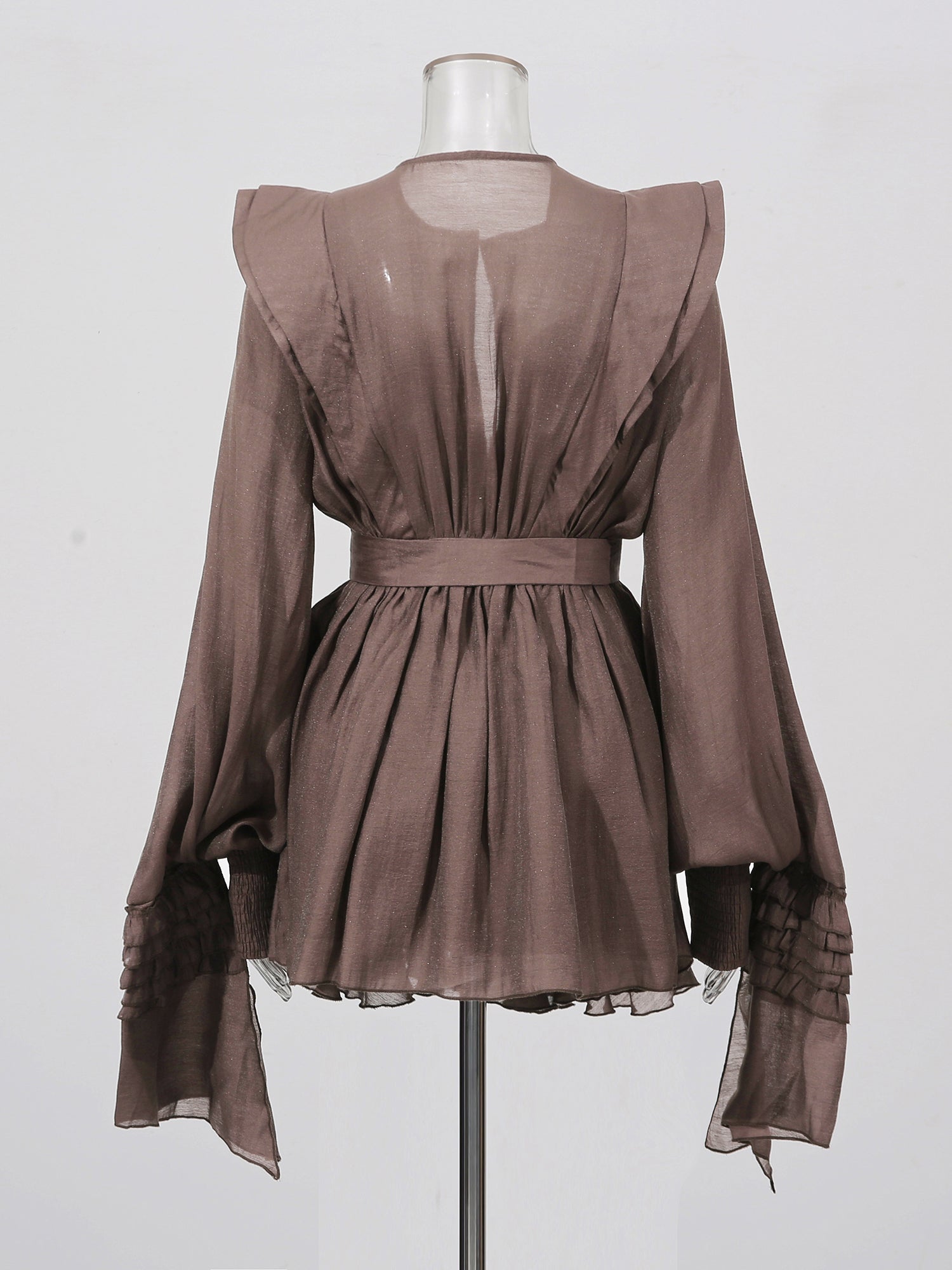 Sophisticated Coffee - Colored Ruffled Tiered Mini Dress with Belt - SISPELL