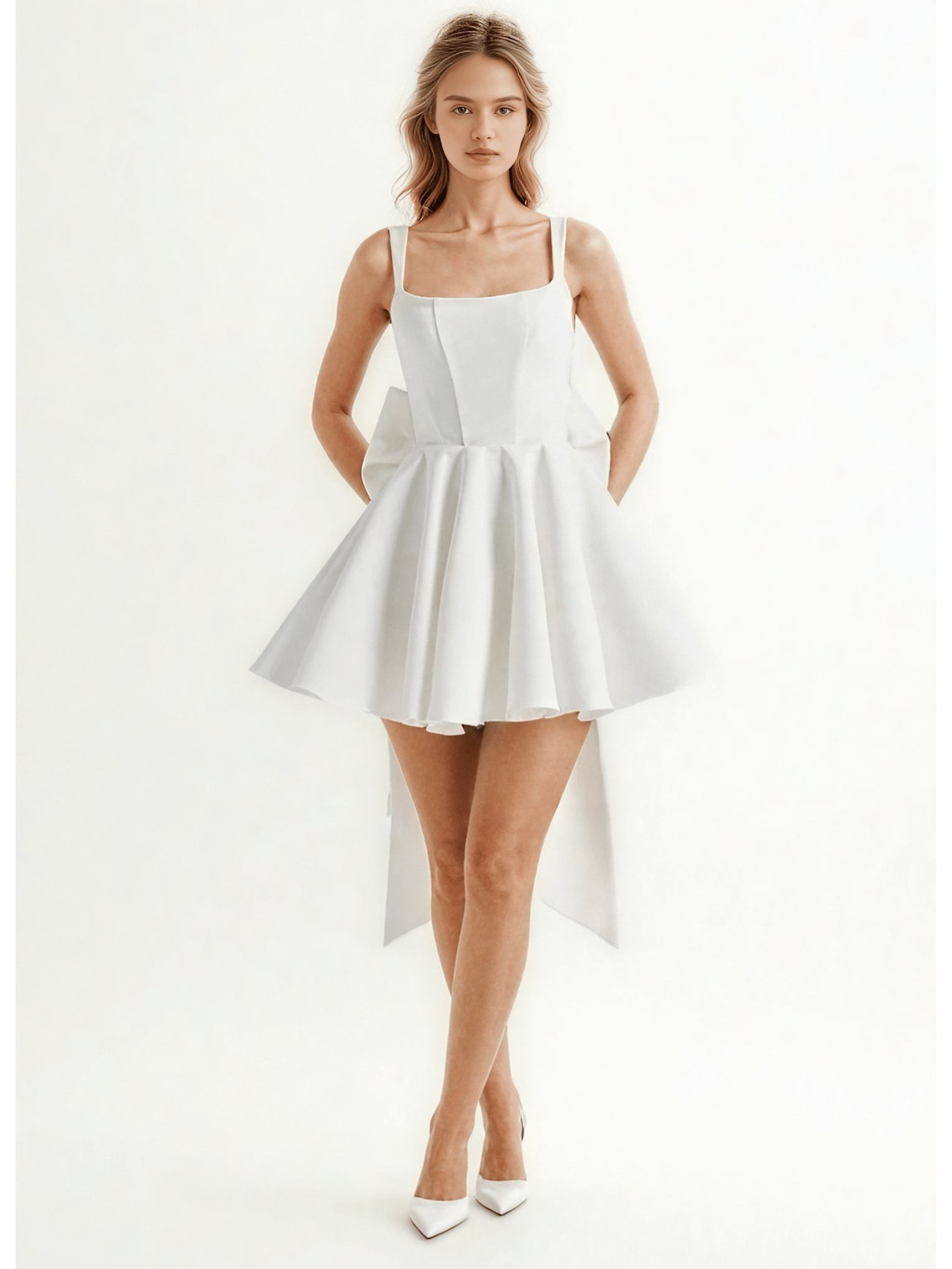 Square Collar Patchwork Bowknot Short Dress - SISPELL