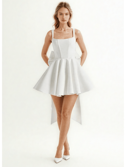 Square Collar Patchwork Bowknot Short Dress - SISPELL