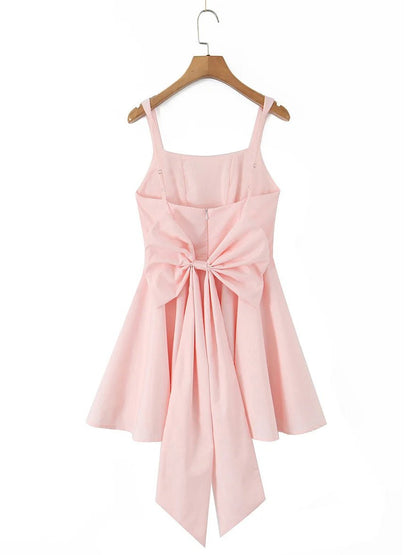 Square Collar Patchwork Bowknot Short Dress - SISPELL