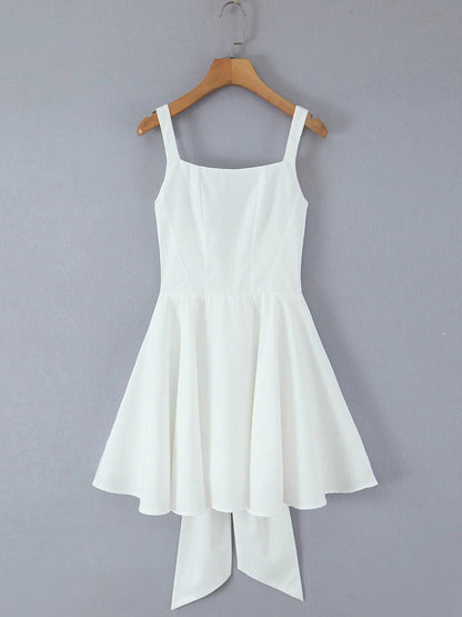 Square Collar Patchwork Bowknot Short Dress - SISPELL