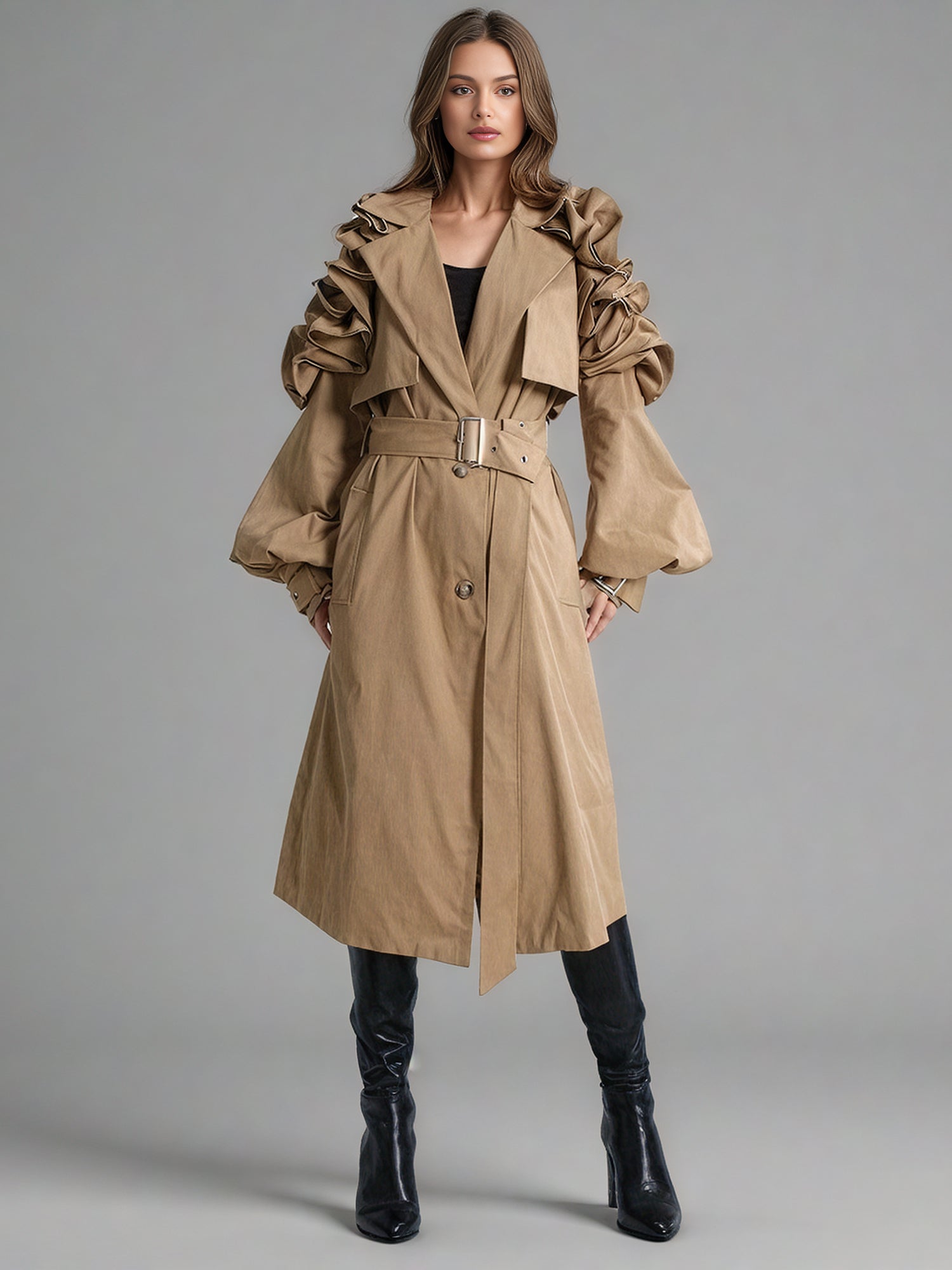 Statement Khaki Ruffled Trench Coat with Belt - SISPELL
