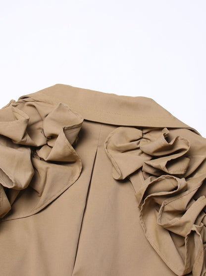 Statement Khaki Ruffled Trench Coat with Belt - SISPELL