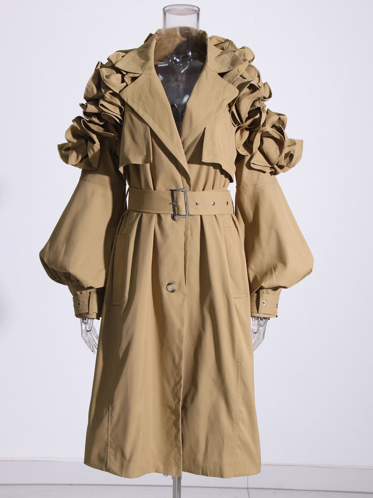Statement Khaki Ruffled Trench Coat with Belt - SISPELL