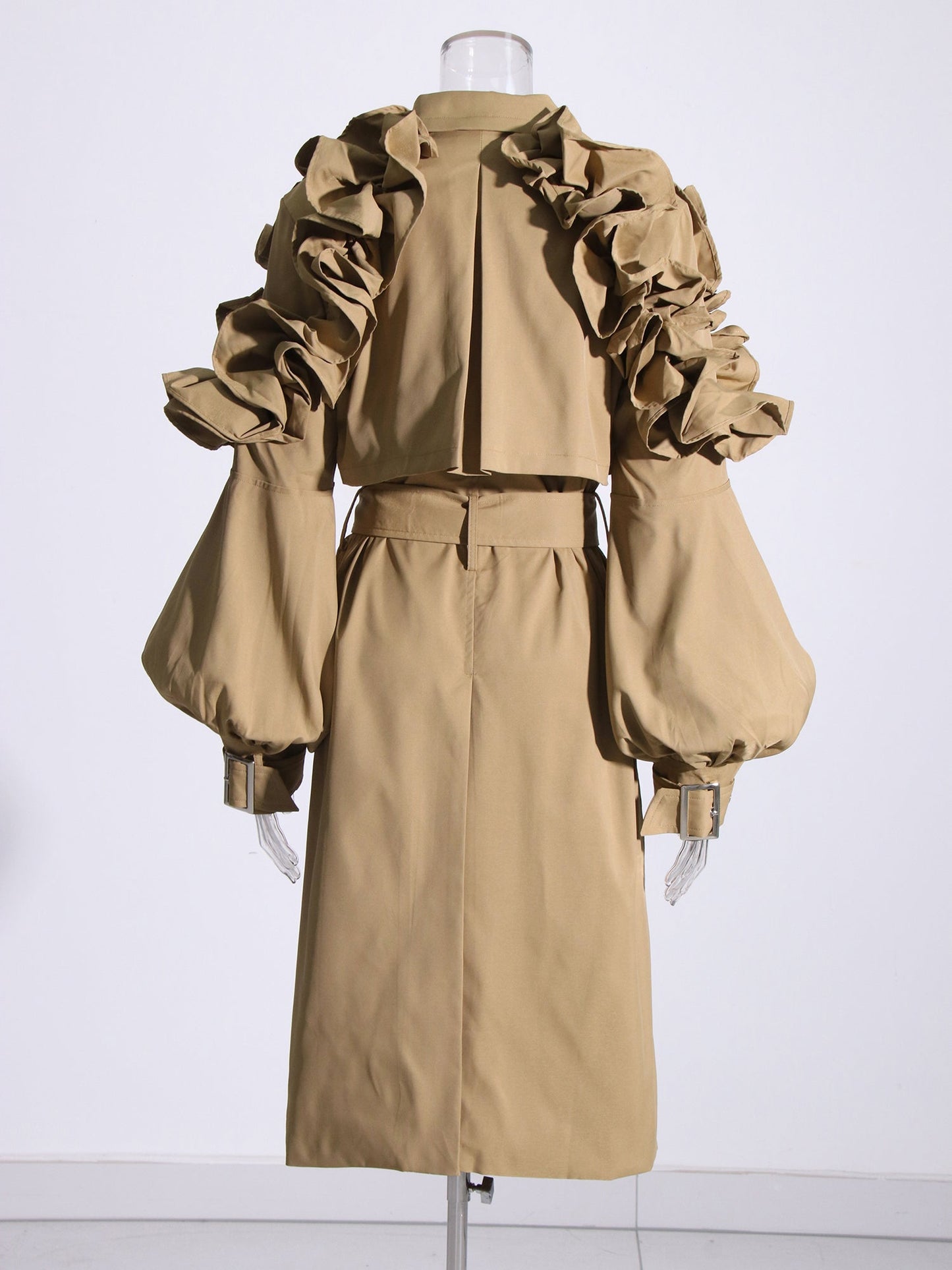 Statement Khaki Ruffled Trench Coat with Belt - SISPELL