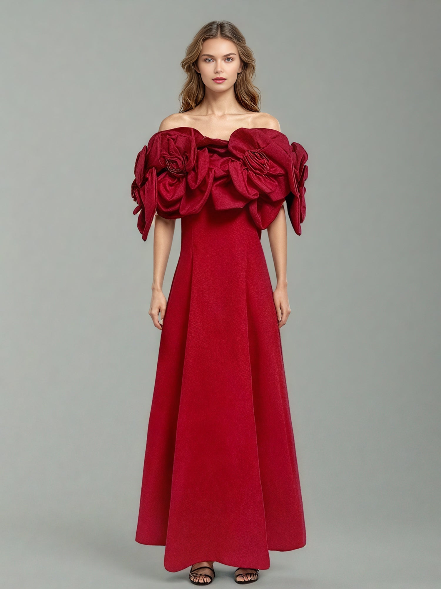 Statement Red Off - Shoulder Floral Applique Midi Dress - SISPELL