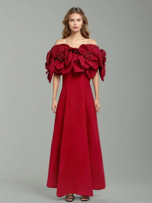 Statement Red Off - Shoulder Floral Applique Midi Dress - SISPELL