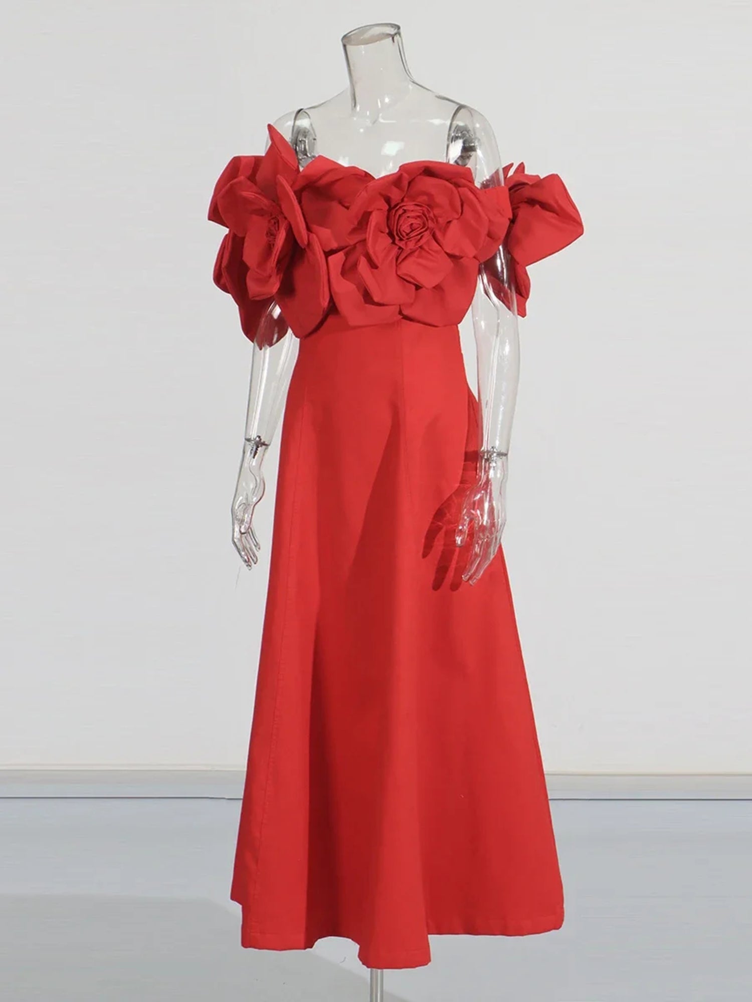 Statement Red Off - Shoulder Floral Applique Midi Dress - SISPELL