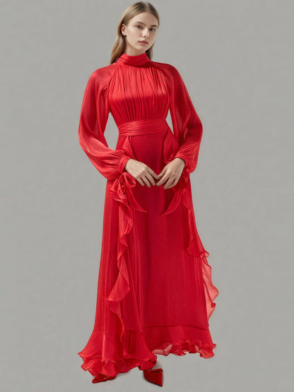 Statement Red Ruffled Maxi Dress with Bow Neck and Tie Cuffs - SISPELL