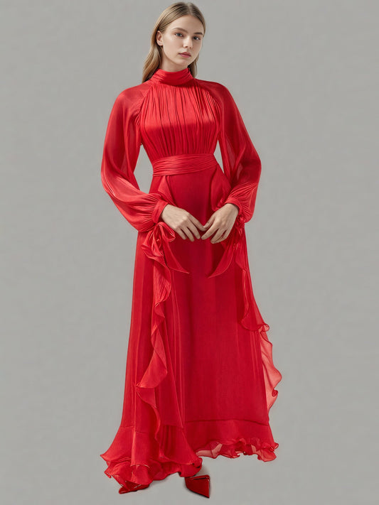 Statement Red Ruffled Maxi Dress with Bow Neck and Tie Cuffs - SISPELL