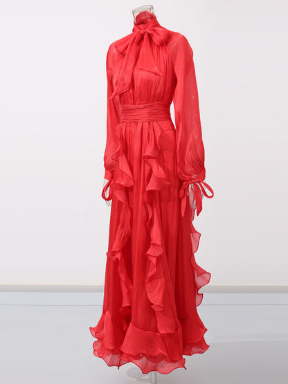 Statement Red Ruffled Maxi Dress with Bow Neck and Tie Cuffs - SISPELL