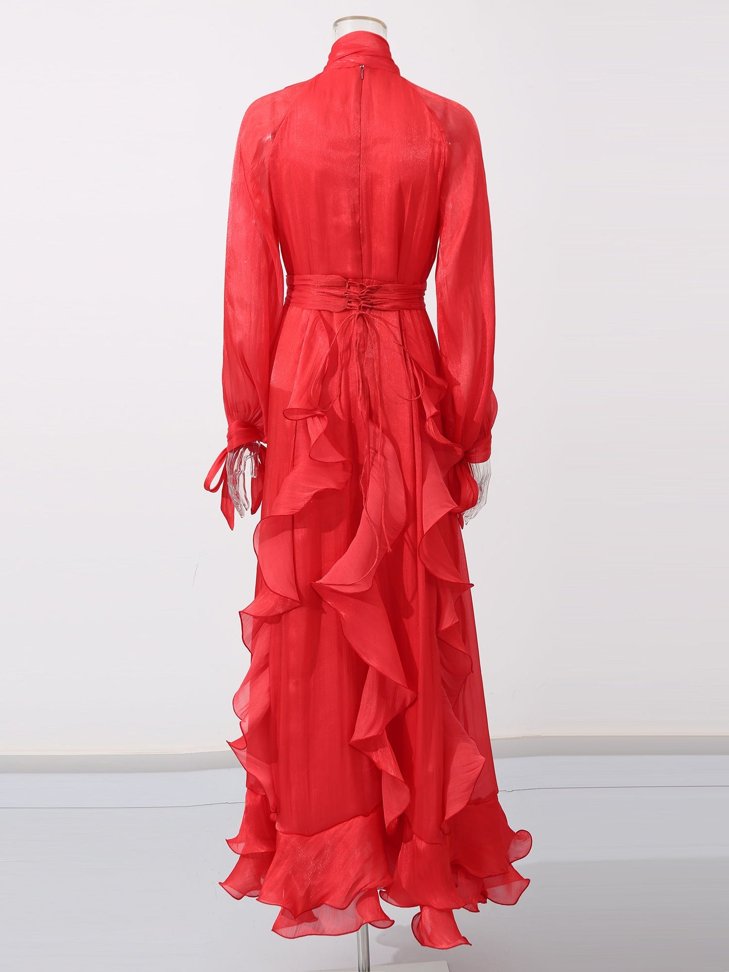 Statement Red Ruffled Maxi Dress with Bow Neck and Tie Cuffs - SISPELL