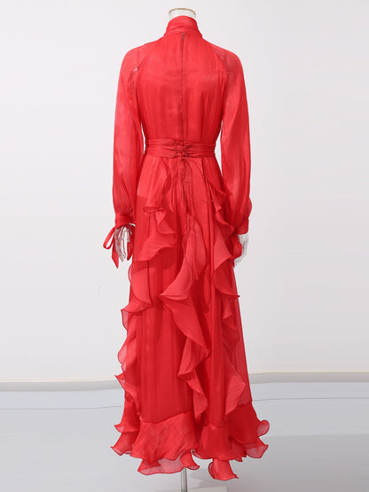 Statement Red Ruffled Maxi Dress with Bow Neck and Tie Cuffs - SISPELL
