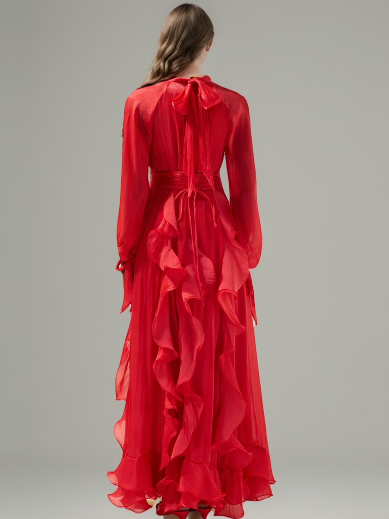Statement Red Ruffled Maxi Dress with Bow Neck and Tie Cuffs - SISPELL